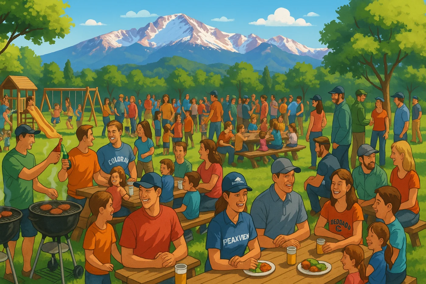 This is a colorful digital animation featuring a diverse group of people, including men, women, and children, at a gathering in a local park in Colorado Springs, complete with a children’s play area, picnic tables, and BBQ facilities. In the background are green trees, with the Pikes Peak mountains visible in the distance. 