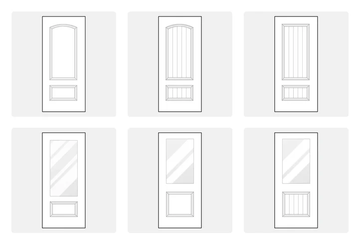 Six different entry door configurations showing different amounts of glass, paneling, and grids.