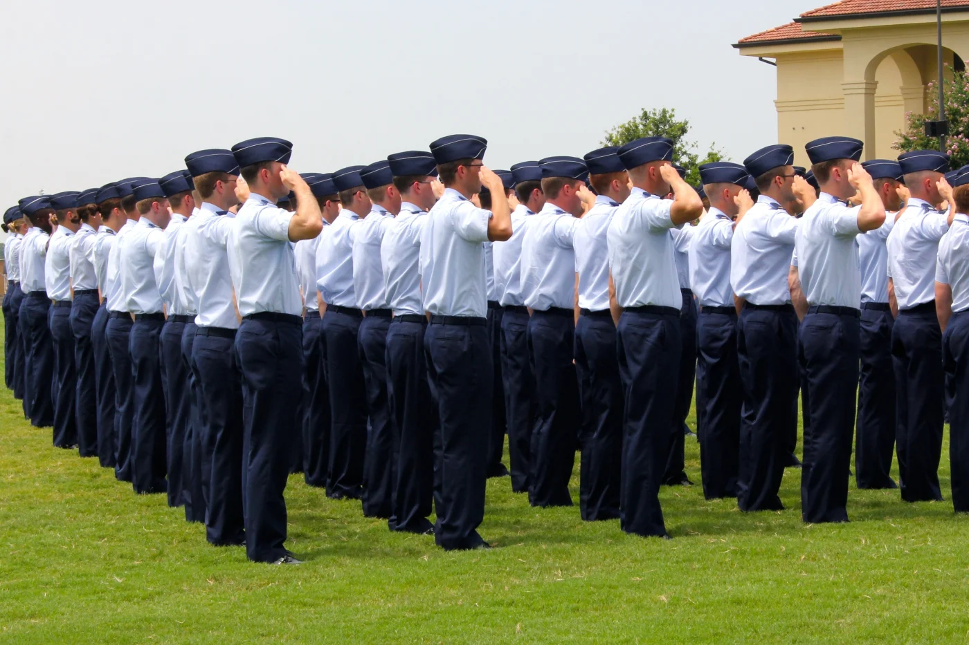A group of young Air Force cadets saluting in formation and uniform, showing immense professionalism, on a bright green, freshly cut lawn.