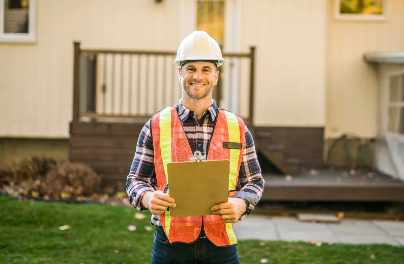 A Man With Hard Hat Standing Infront Of A House An exterior remodeling consultant in a white hard hat, plaid long-sleeve shirt, and jeans, smiling and holding a clipboard and pen outside of a home after an initial inspection of the siding, gutters, soffit, fascia, windows, and entry doors.
