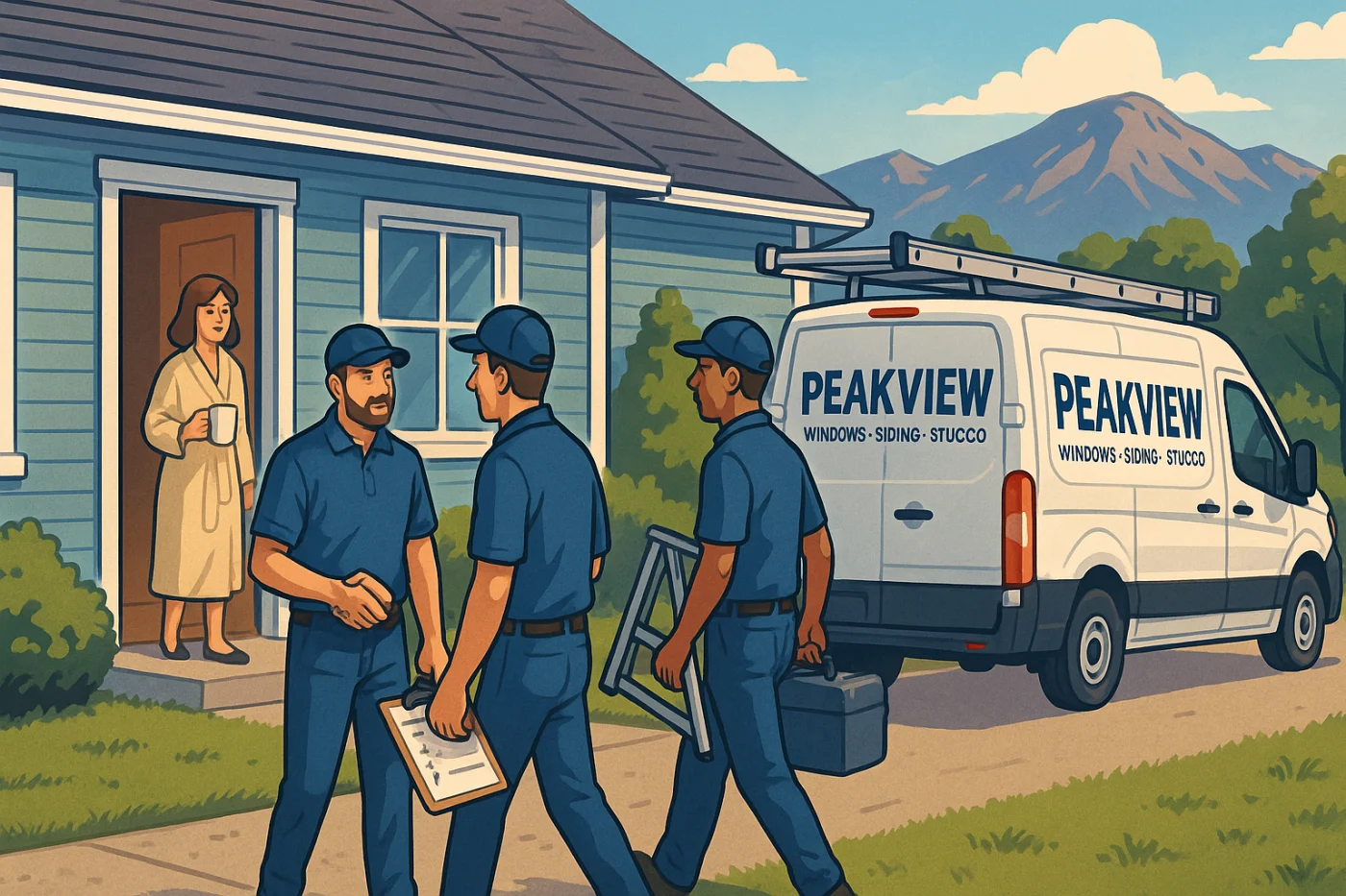 This is a colorful animated depiction of a Peakview Windows, Siding & Stucco crew arriving on time for an exterior remodeling project in the morning, with a homeowner in their robe and pajamas smiling with a cup of coffee at the door, and the Colorado Springs mountains in the background.