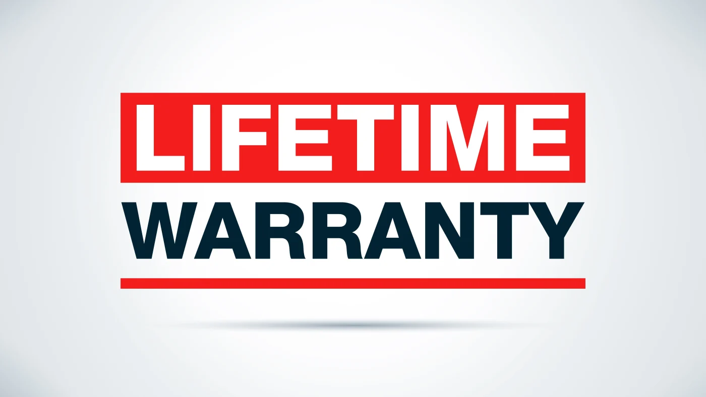 The word “Lifetime” in white with a red highlight sits above the word “Warranty” in all black lettering, underlined in red, on a solid white background.