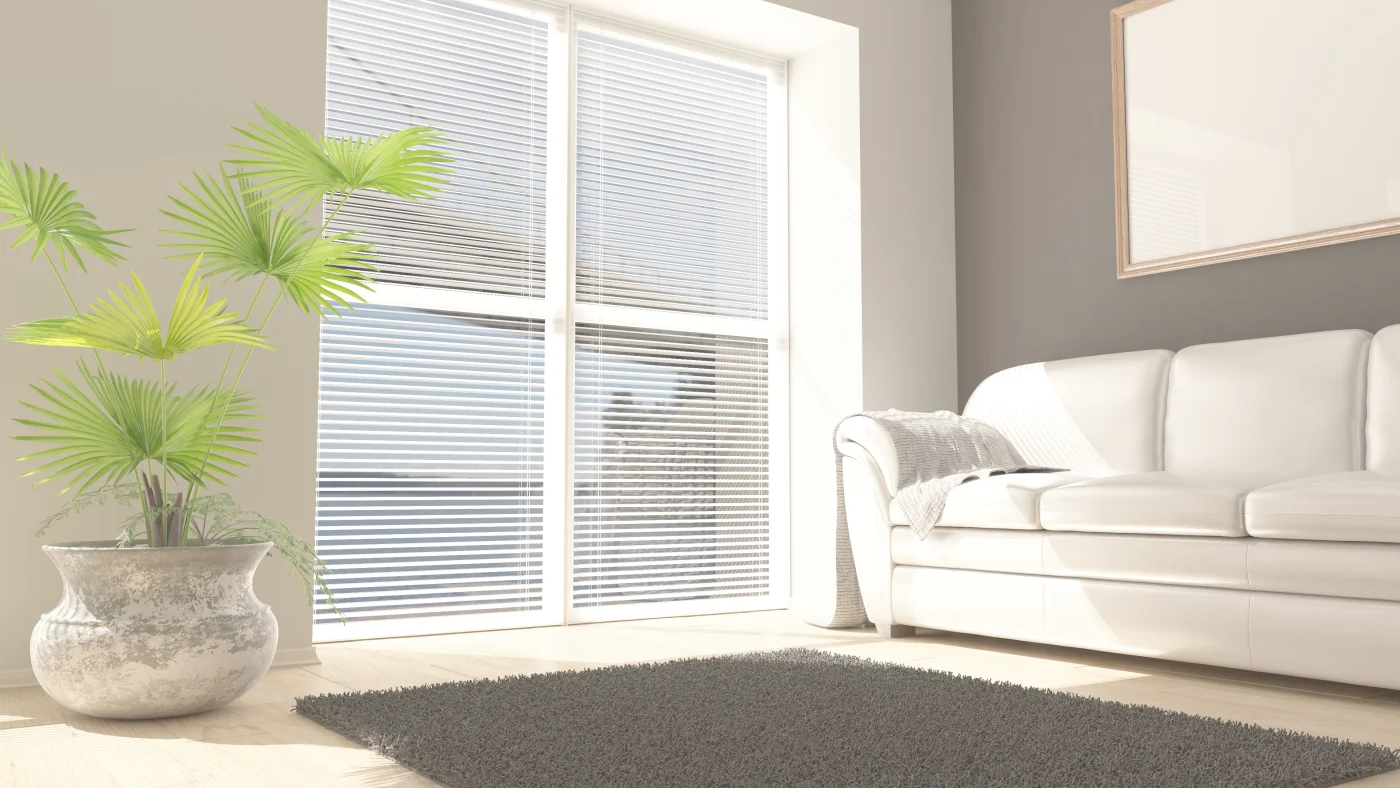Modern furniture is illuminated by natural sunlight pouring through the windows.