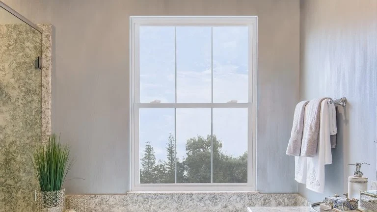 A window in a bathroom overlooking the trees.