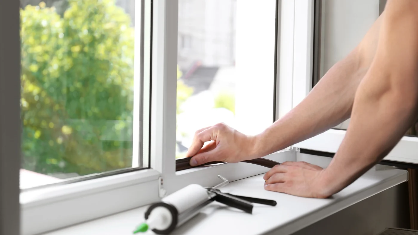 A window installer adds weather stripping during a window installation.