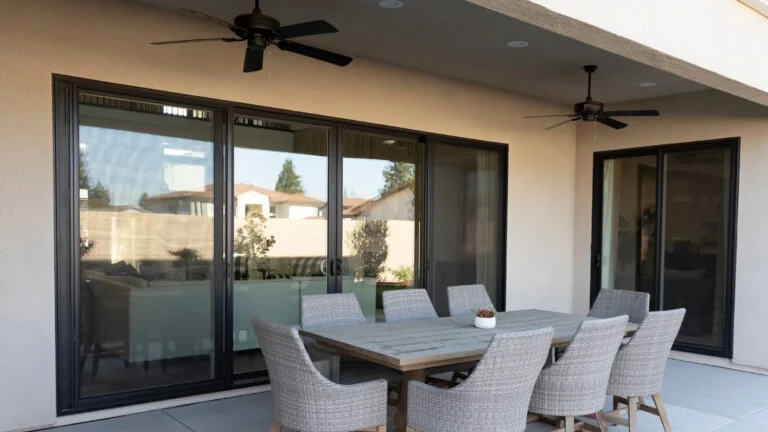 A patio dining area with a black-framed sliding patio door