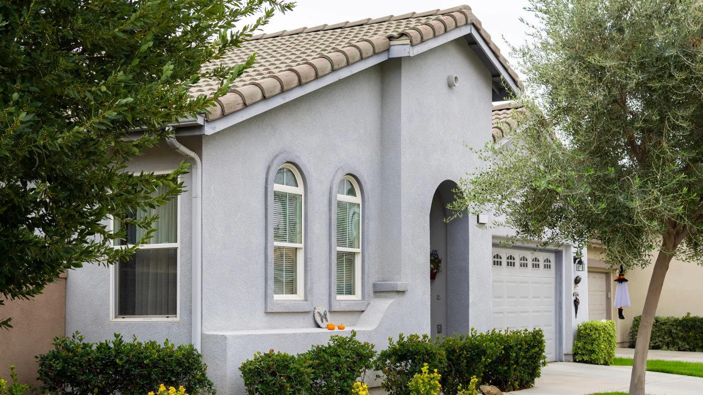 A home with gray stucco