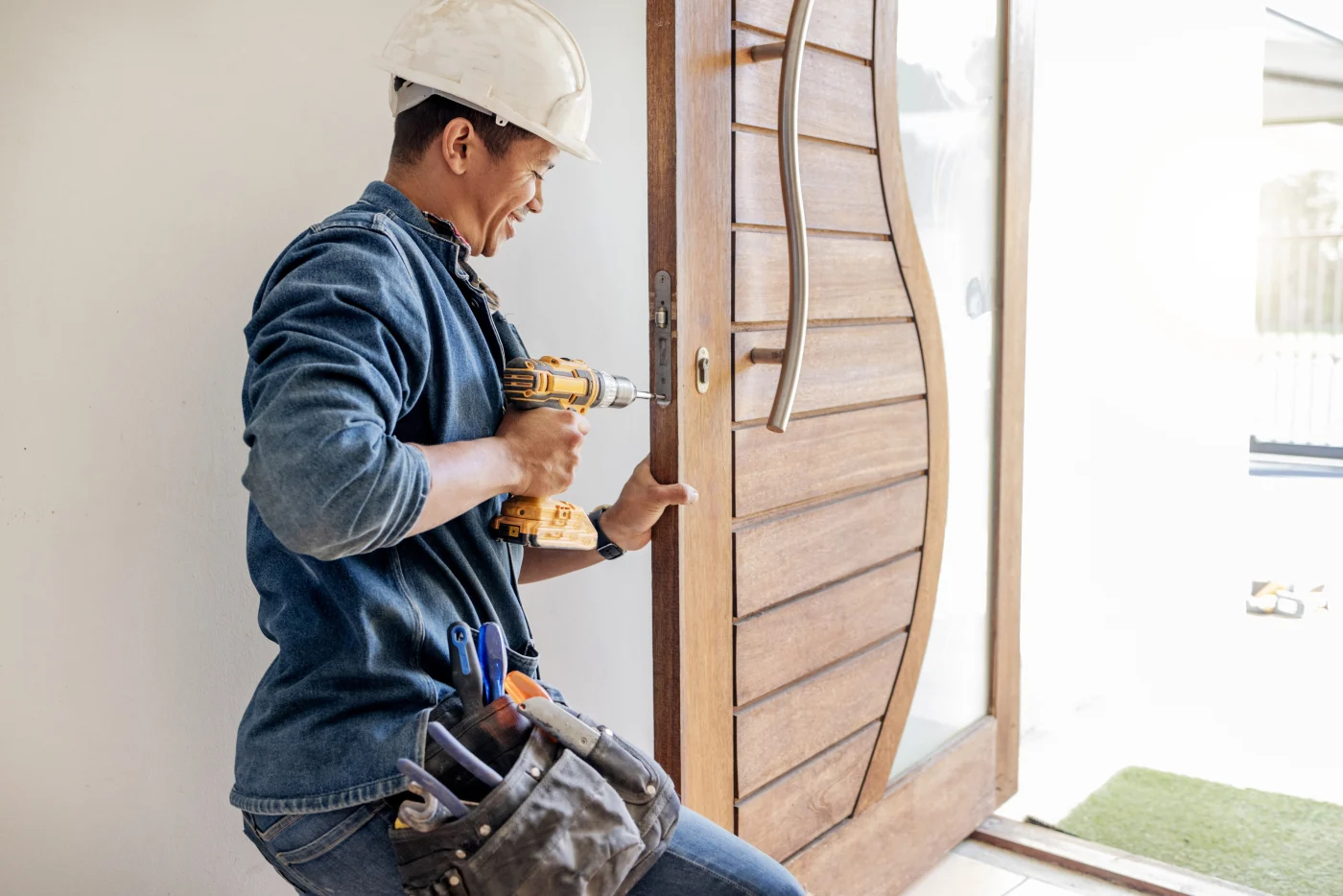 A dedicated worker carefully does their part to install a new door.