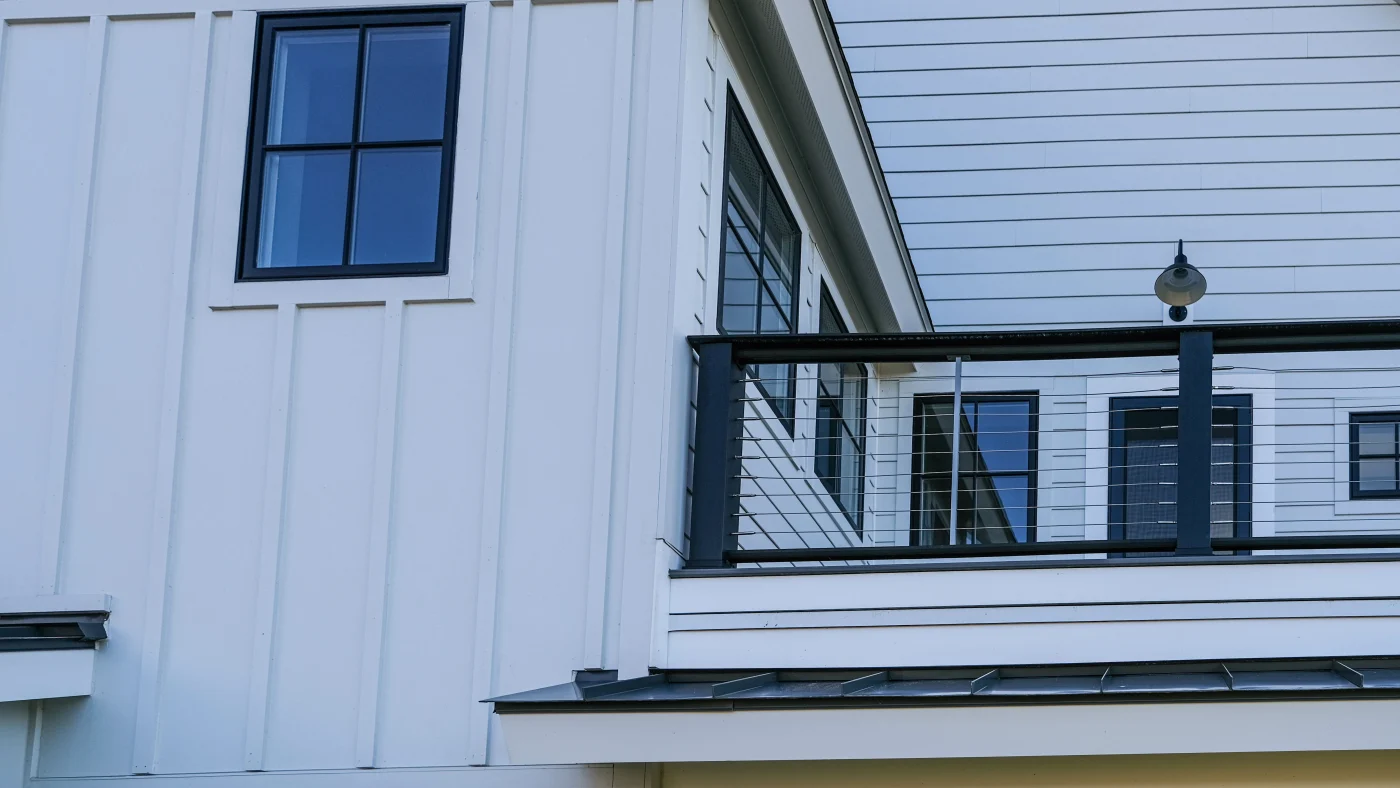 This is a beautifully finished, off-white-colored siding, featuring premium materials.