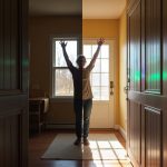 A person stands with their arms raised in the middle of a split image. The left side is a darkened room and the right side is the other half of the room much brighter