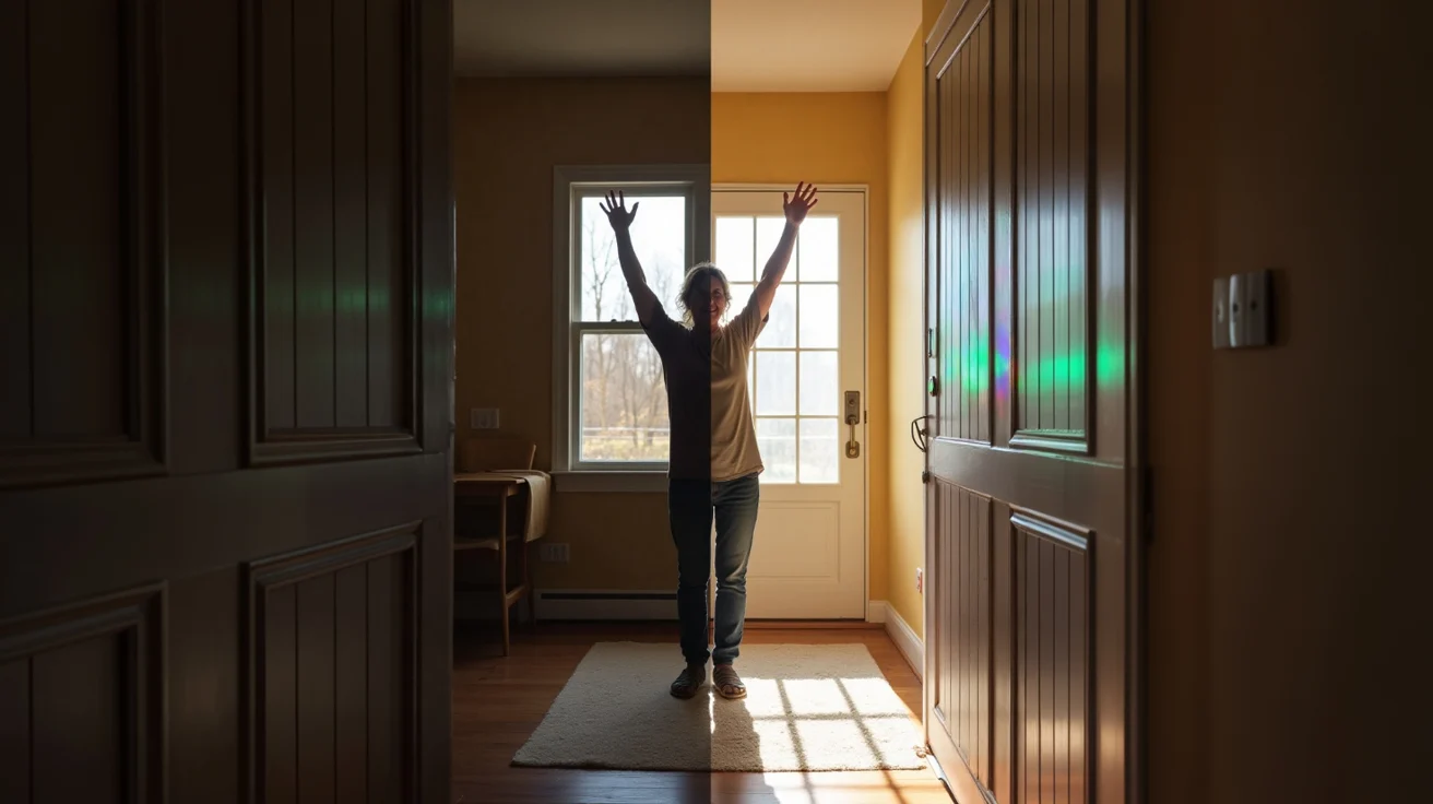 A person stands with their arms raised in the middle of a split image. The left side is a darkened room and the right side is the other half of the room much brighter