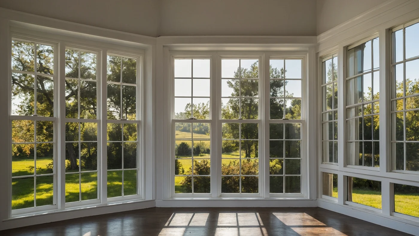 A room with large double-hung windows