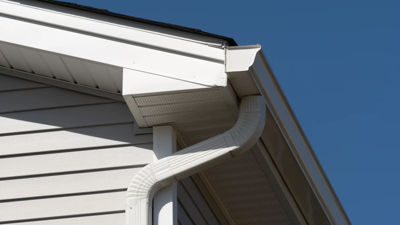 White seamless gutters installed on a home with gray siding