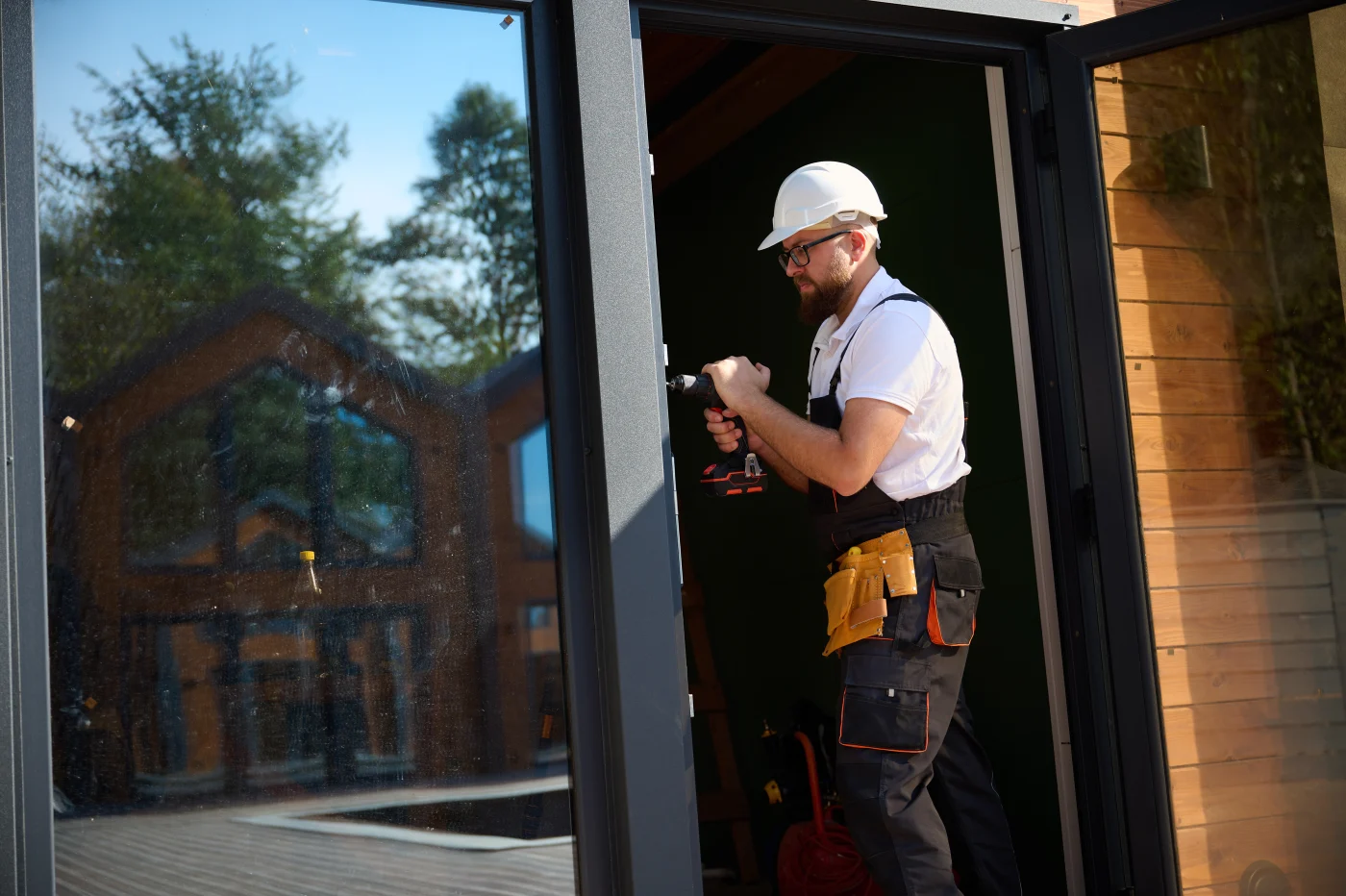 A contractor installs a sliding door.