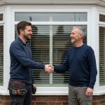 A replacement window installer shakes hands with a homeowner