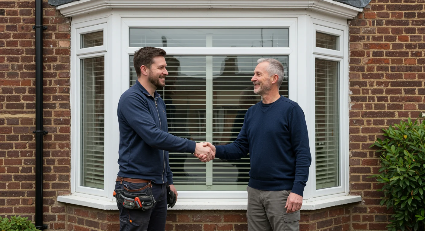 A replacement window installer shakes hands with a homeowner