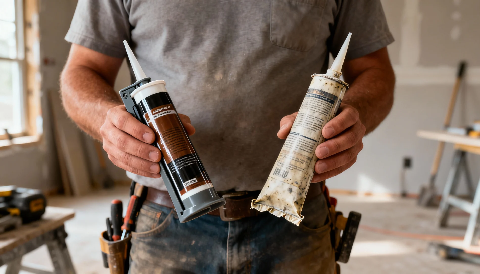 A contractor holds up two tubes of caulk, one is premium quality and one is lower quality