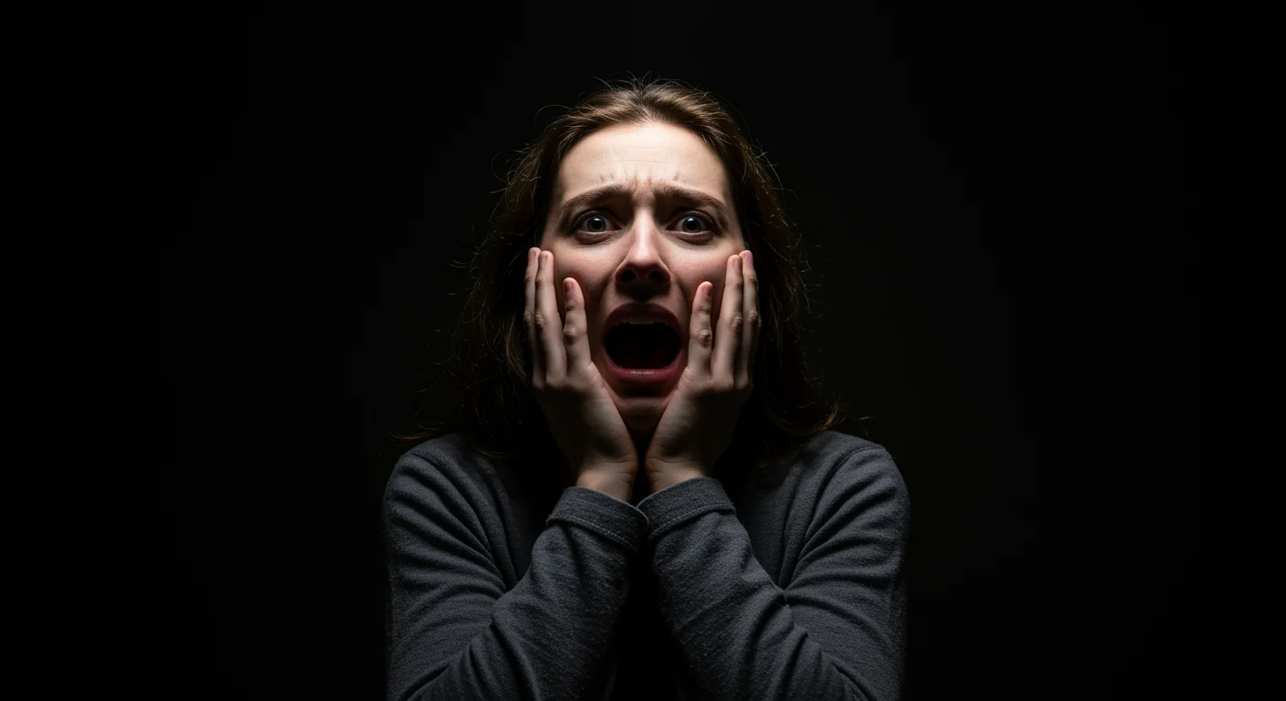 A woman standing against a black background holds her hands against her face while she screams