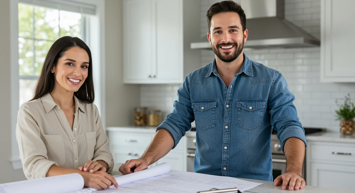 A contractor and homeowner smile at the camera as they cover remodeling plans in the kitchen