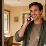 A homeowner smiles on the phone while standing in the doorway