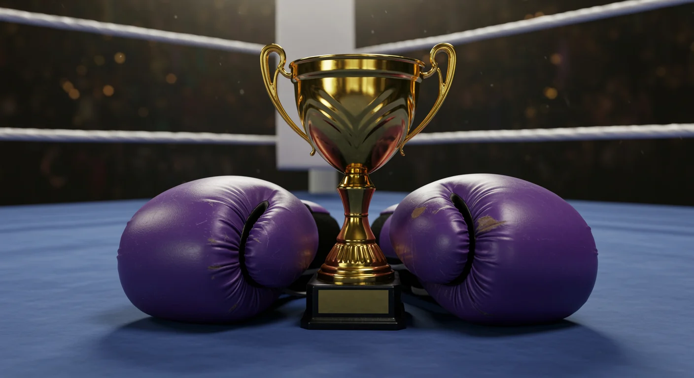 Purple gloves rest on the mat of a boxing ring with the championship trophy between them.