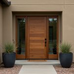 A home with brown stucco and a wood-look front entry door.