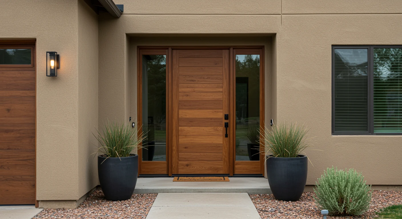 A home with brown stucco and a wood-look front entry door.