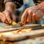 A contractor’s worn hands work on a project at a workbench