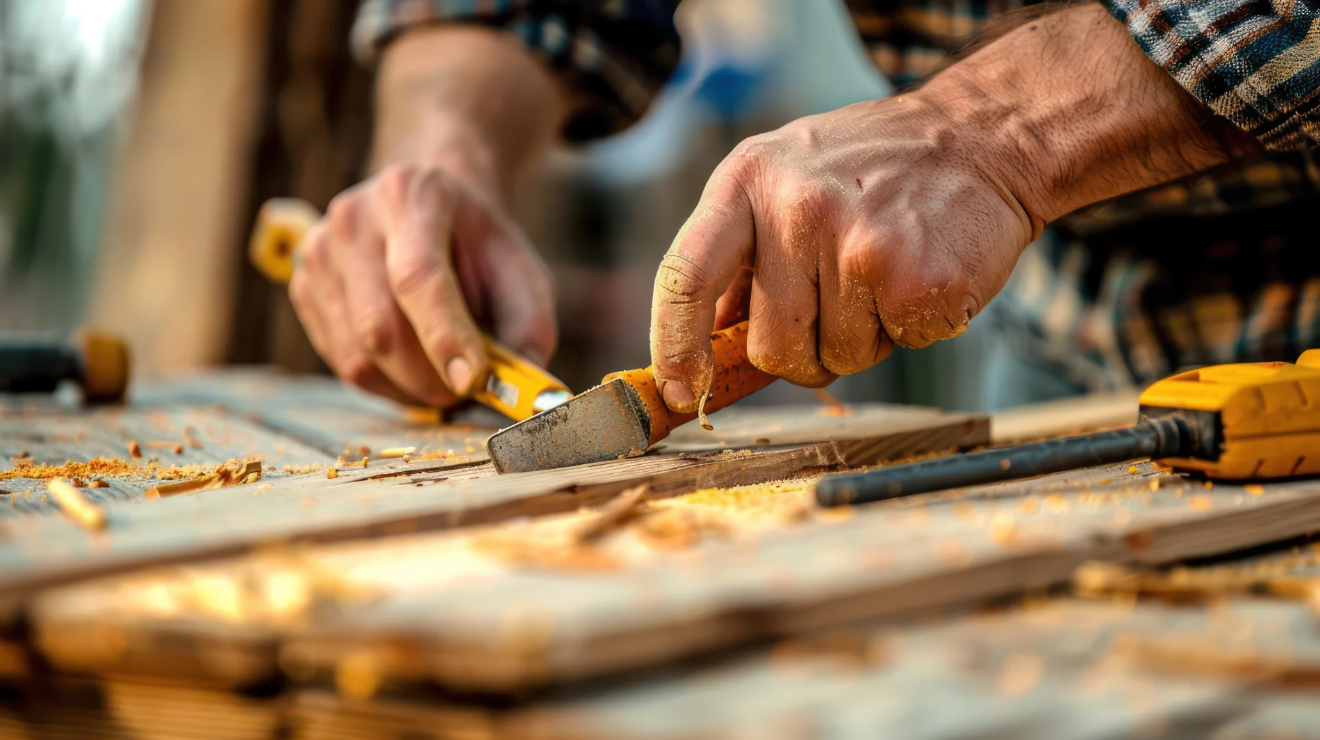 A contractor’s worn hands work on a project at a workbench