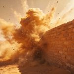 A dust cloud crashes into a brick wall in a desert, testing the tolerance