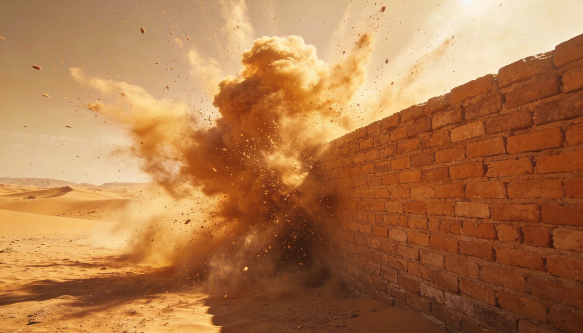 A dust cloud crashes into a brick wall in a desert, testing the tolerance