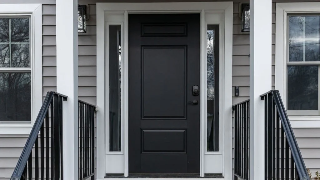 A flawless door installation featuring a matte black front door flanked by elegant sidelights and framed by clean white trim and gray siding.