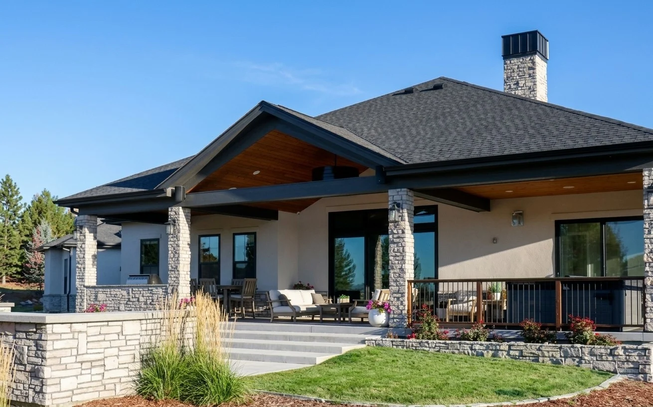 Premier Stucco Company | Monument, CO | Peakview Windows, Siding, Stucco A beautiful modern patio and home exterior showcase a flawless finish by a professional stucco company, perfectly complementing the elegant stone-veneer columns and walls.
