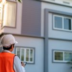 A professional inspector wearing a hard hat and safety vest examines the exterior of a modern multi-story home to assess the condition of its stucco siding and window seals.