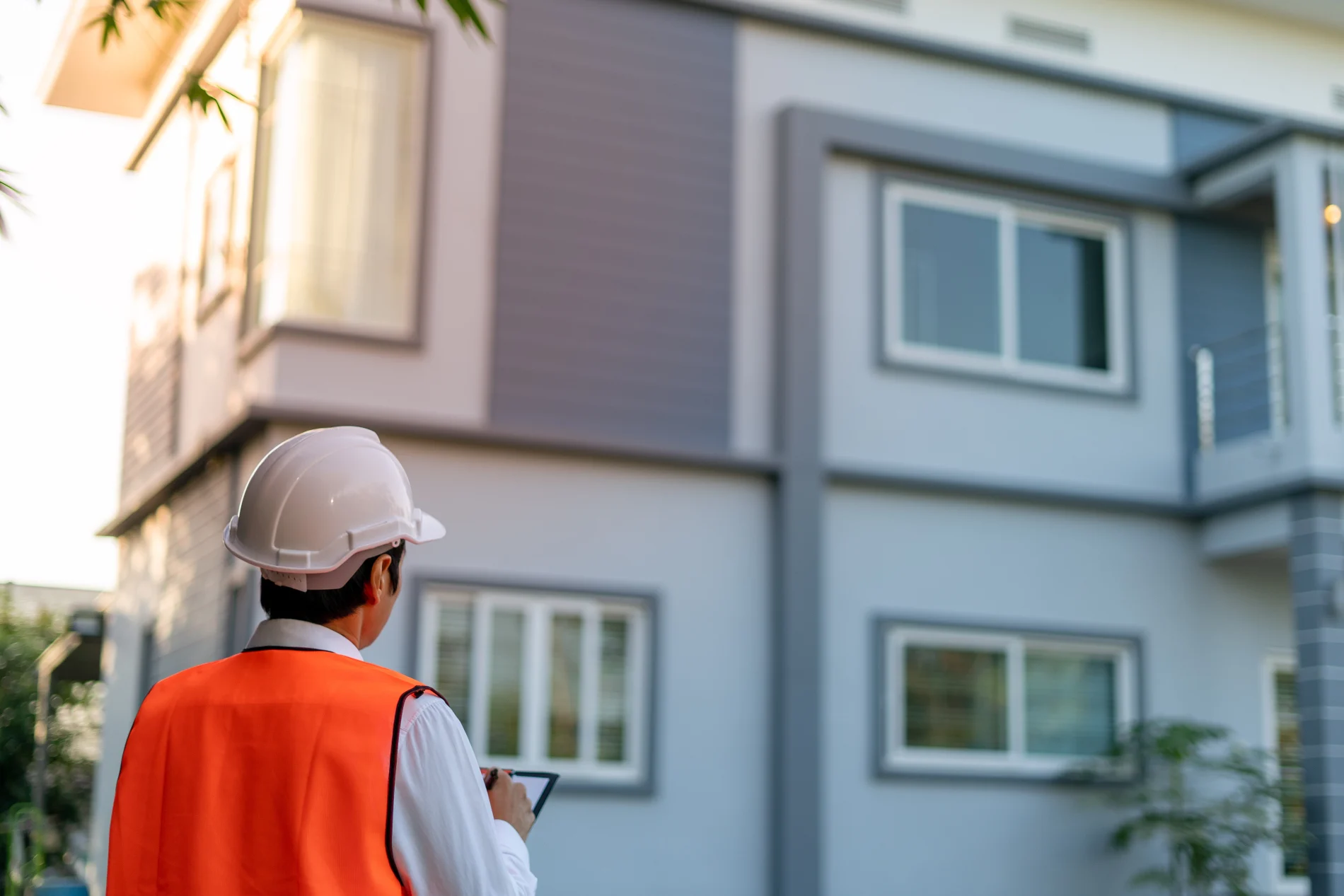 A professional inspector wearing a hard hat and safety vest examines the exterior of a modern multi-story home to assess the condition of its stucco siding and window seals.