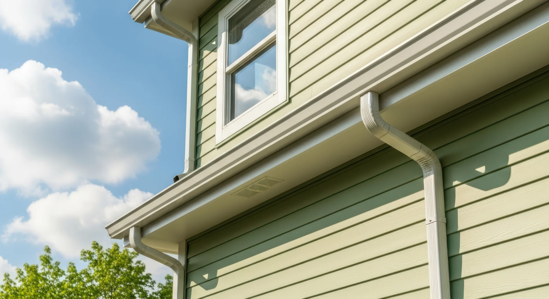 A close-up view of the corner of a yellow house with white soffit and a white downspout and a white window on the second floor under a blue sky.