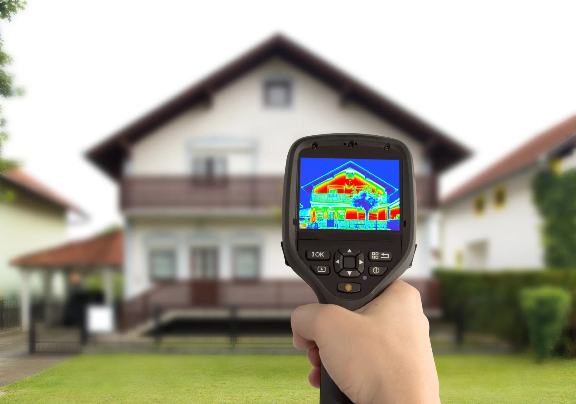 A hand holding up a device taking a thermal image of a home, showing the heat inside and where it’s concentrated in the second floor and bottom floor living room areas.