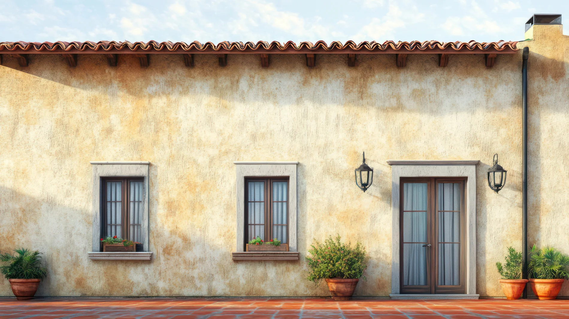 Stained Stucco Repair In Colorado Springs, CO | Peakview Windows, Siding & Stucco A stucco house with two windows, doors, lamps, and stains on the side.